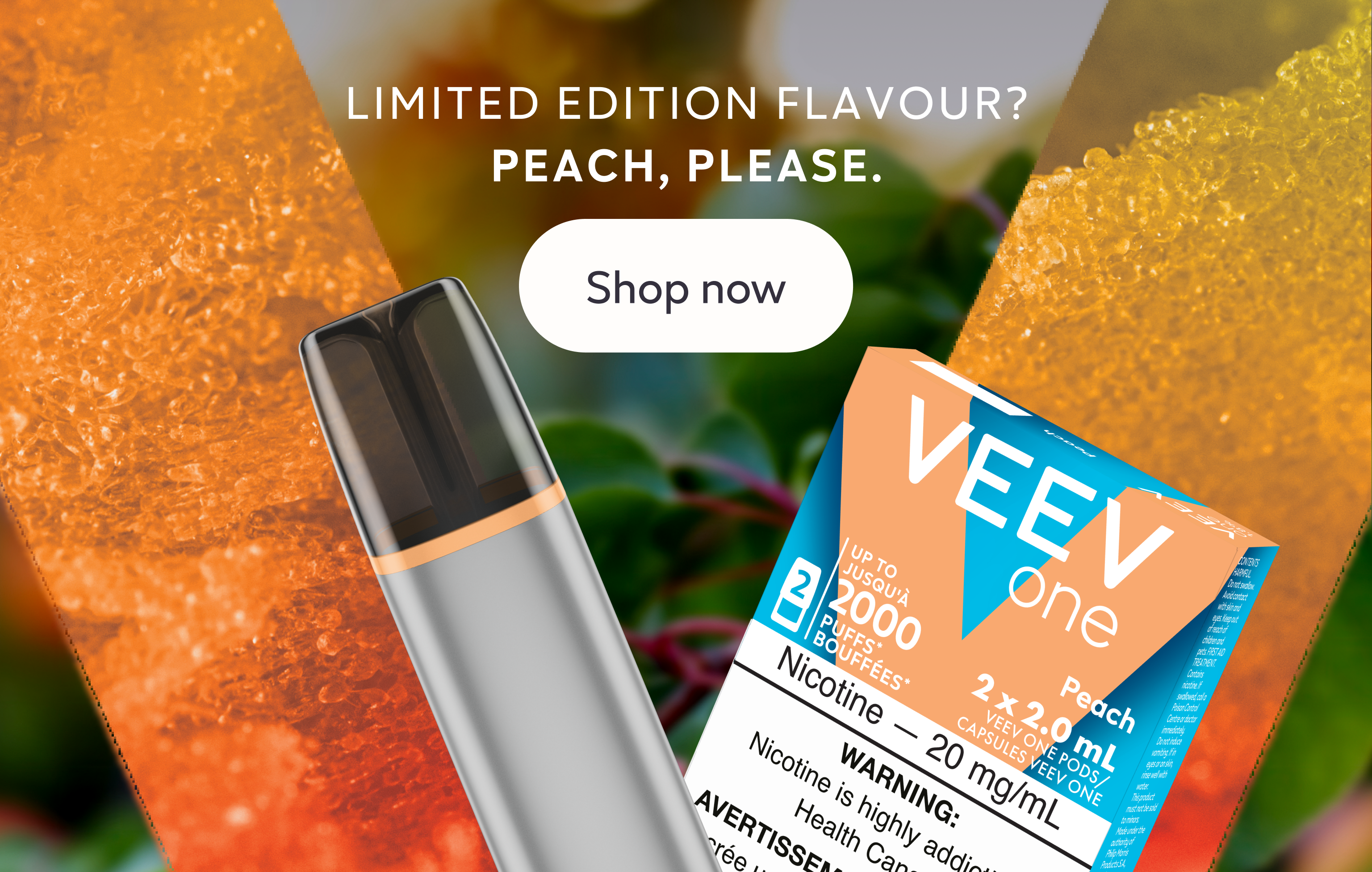 VEEV ONE vape and pack of  pods on orange background